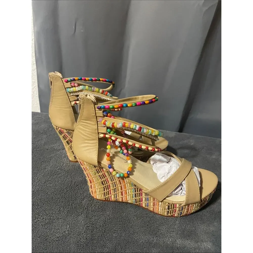Tan Beaded Ankle-Wrap Wedge Sandals